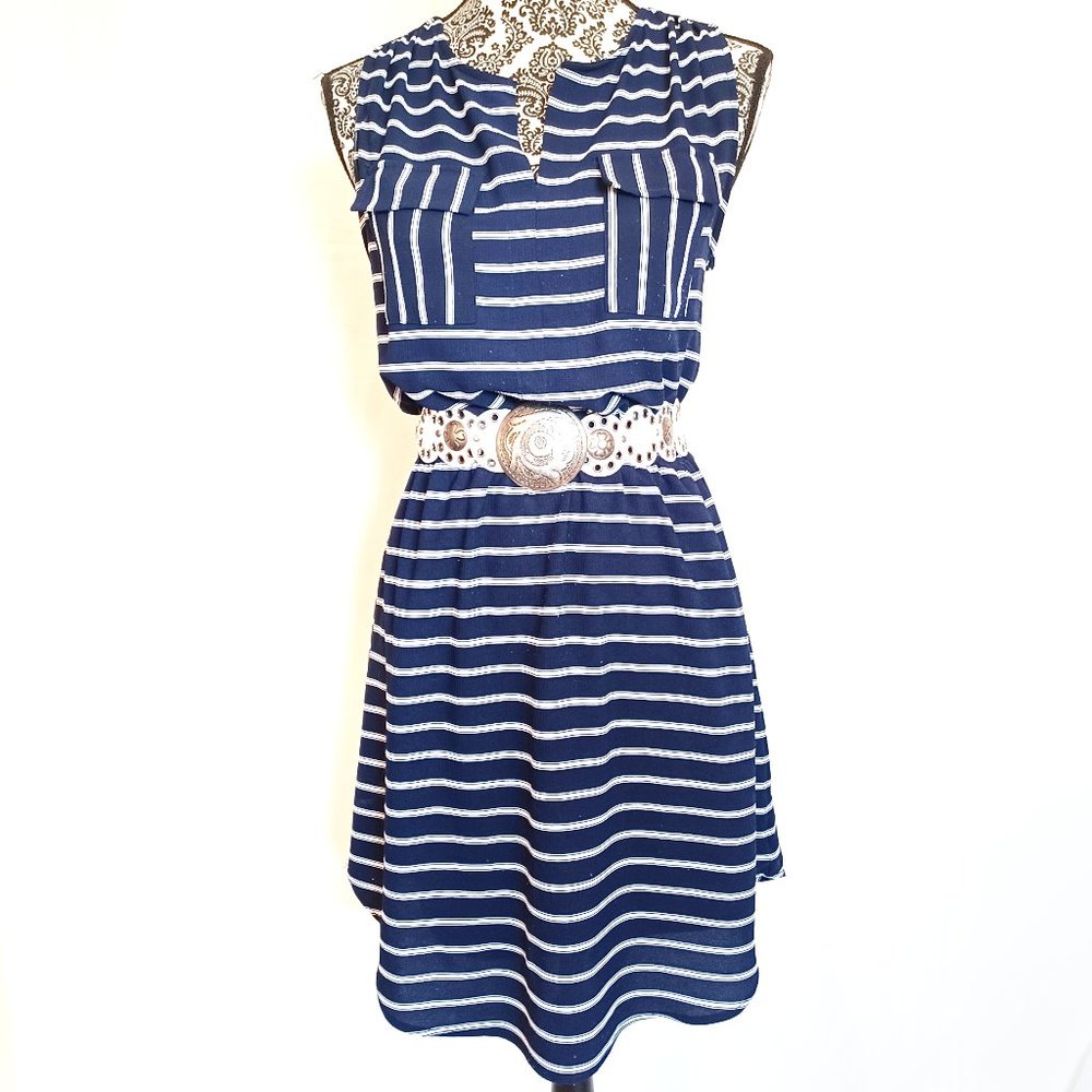 Navy Blue Striped Sleeveless Stretch Crepe Summer Dress L